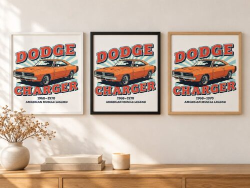Същият постер с Dodge Charger в бяла, черна и дървена рамка на стена в стая