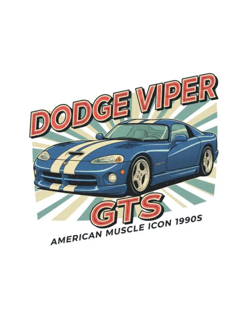 Постер Dodge Viper GTS: синьо купе с две кремави ивици и наклонен надпис Постер Dodge Viper GTS: синьо купе с две кремави ивици и наклонен надпис