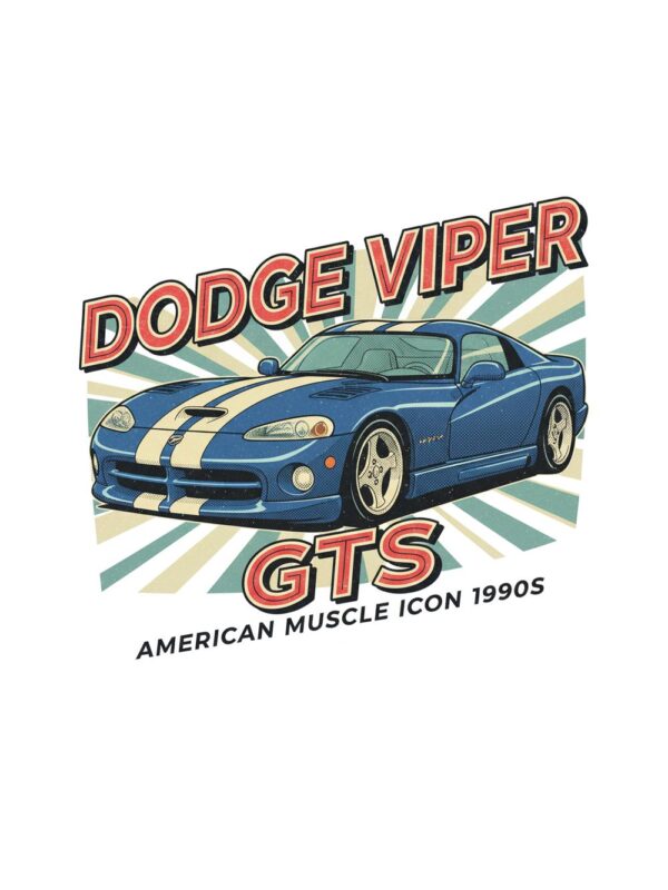 Постер Dodge Viper GTS: синьо купе с две кремави ивици и наклонен надпис Постер Dodge Viper GTS: синьо купе с две кремави ивици и наклонен надпис