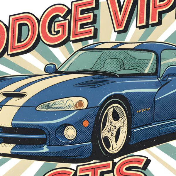 Детайл отблизо: Постер Dodge Viper GTS: синьо купе с две кремави ивици и наклонен надпис Детайл отблизо: Постер Dodge Viper GTS: синьо купе с две кремави ивици и наклонен надпис