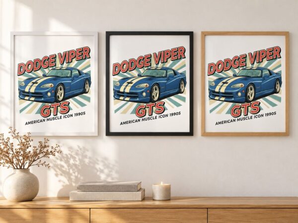 Същият постер с Dodge Viper GTS в бяла, черна и дървена рамка на стена в стая Същият постер с Dodge Viper GTS в бяла, черна и дървена рамка на стена в стая