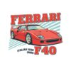 Постер Ferrari F40: червена спортна кола пред диагонални ивици и надпис FERRARI