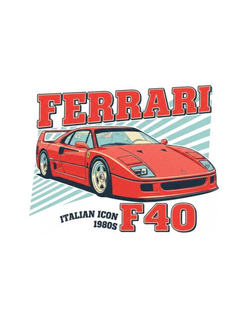 Постер Ferrari F40: червена спортна кола пред диагонални ивици и надпис FERRARI