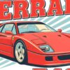 Детайл отблизо: Постер Ferrari F40: червена спортна кола пред диагонални ивици и надпис FERRARI