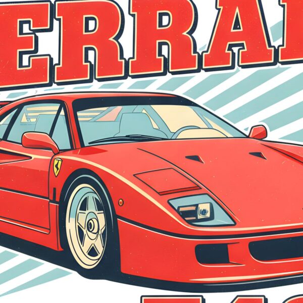 Детайл отблизо: Постер Ferrari F40: червена спортна кола пред диагонални ивици и надпис FERRARI