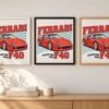 Същият постер с Ferrari F40 в бяла, черна и дървена рамка на стена в стая