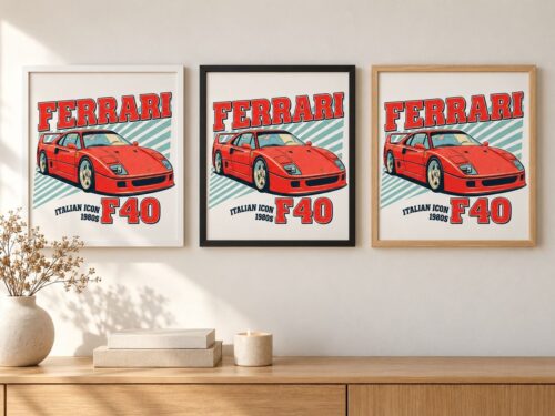 Същият постер с Ferrari F40 в бяла, черна и дървена рамка на стена в стая