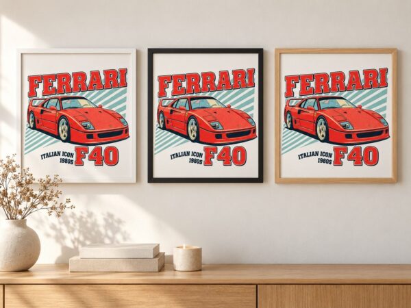 Същият постер с Ferrari F40 в бяла, черна и дървена рамка на стена в стая