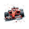 Постер Ferrari формула 1 акварел: червен болид с пилот в бял шлем и пръски боя на бял фон Постер Ferrari формула 1 акварел: червен болид с пилот в бял шлем и пръски боя на бял фон