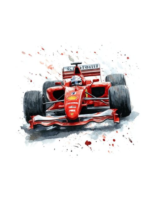Постер Ferrari формула 1 акварел: червен болид с пилот в бял шлем и пръски боя на бял фон