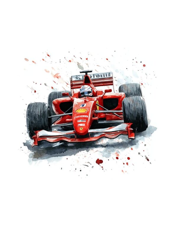 Постер Ferrari формула 1 акварел: червен болид с пилот в бял шлем и пръски боя на бял фон Постер Ferrari формула 1 акварел: червен болид с пилот в бял шлем и пръски боя на бял фон