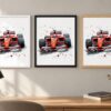 Същият постер с болид на Ferrari в бяла, черна и дървена рамка на стена в стая Същият постер с болид на Ferrari в бяла, черна и дървена рамка на стена в стая