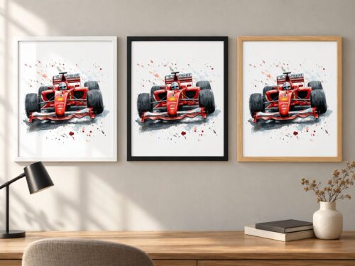Същият постер с болид на Ferrari в бяла, черна и дървена рамка на стена в стая