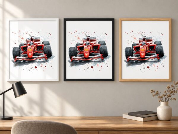 Същият постер с болид на Ferrari в бяла, черна и дървена рамка на стена в стая Същият постер с болид на Ferrari в бяла, черна и дървена рамка на стена в стая