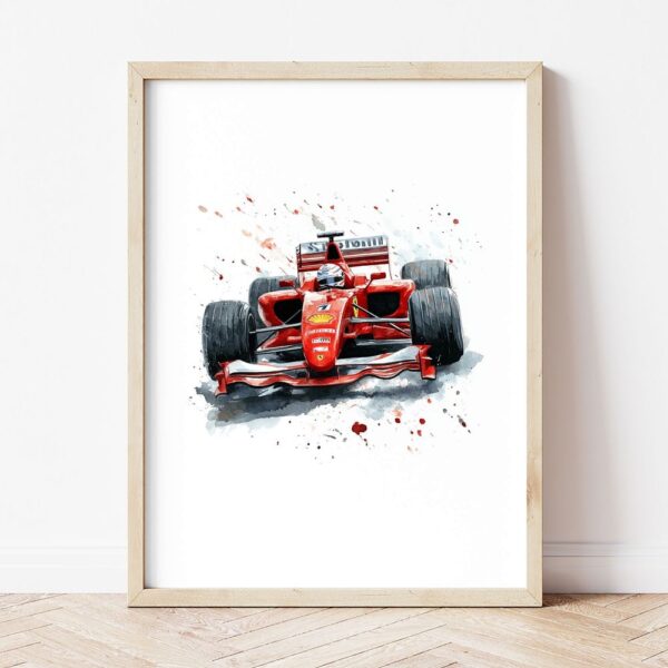 Постер с червен болид на Ferrari в светла дървена рамка, облегнат на бяла стена върху паркет Постер с червен болид на Ferrari в светла дървена рамка, облегнат на бяла стена върху паркет