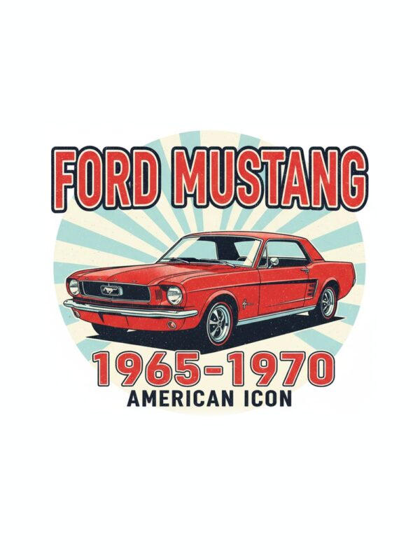 Постер Ford Mustang 1965-1970: червено купе в кръг от светлосини слънчеви лъчи Постер Ford Mustang 1965-1970: червено купе в кръг от светлосини слънчеви лъчи
