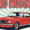Детайл отблизо: Постер Ford Mustang 1965-1970: червено купе в кръг от светлосини слънчеви лъчи Детайл отблизо: Постер Ford Mustang 1965-1970: червено купе в кръг от светлосини слънчеви лъчи