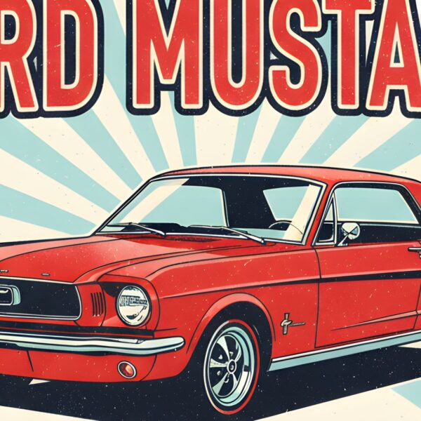 Детайл отблизо: Постер Ford Mustang 1965-1970: червено купе в кръг от светлосини слънчеви лъчи Детайл отблизо: Постер Ford Mustang 1965-1970: червено купе в кръг от светлосини слънчеви лъчи