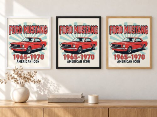 Същият постер с Ford Mustang в бяла, черна и дървена рамка на стена в стая
