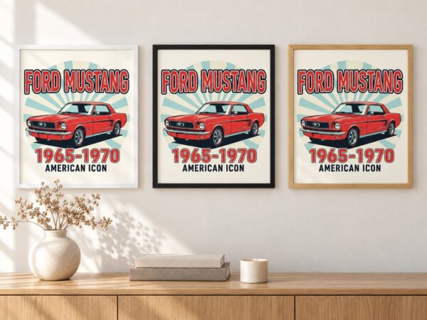 Същият постер с Ford Mustang в бяла, черна и дървена рамка на стена в стая Същият постер с Ford Mustang в бяла, черна и дървена рамка на стена в стая