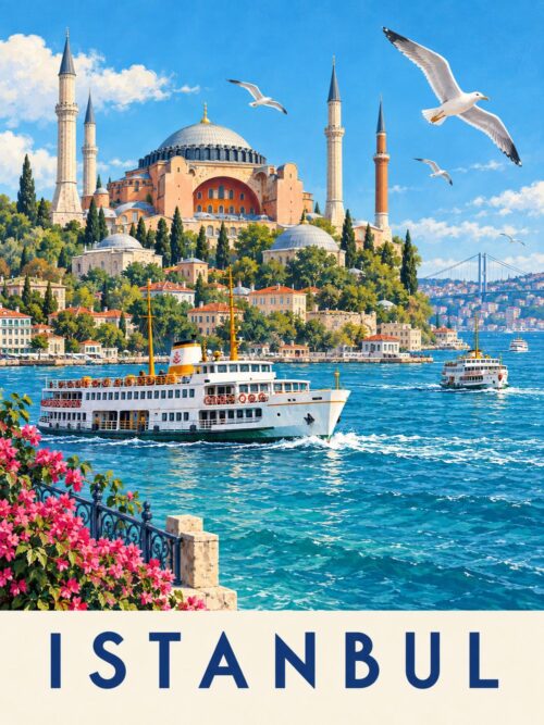 Постер Истанбул Аясофия с бял кораб, чайки, тюркоазено море и надпис „ISTANBUL“
