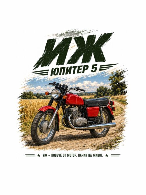 Постер ИЖ Юпитер 5: червен мотоциклет на селски път до житно поле Постер ИЖ Юпитер 5: червен мотоциклет на селски път до житно поле