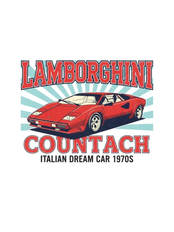 Постер Lamborghini Countach: червено клиновидно купе с кремав салон пред лъчи Постер Lamborghini Countach: червено клиновидно купе с кремав салон пред лъчи