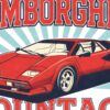 Детайл отблизо: Постер Lamborghini Countach: червено клиновидно купе с кремав салон пред лъчи Детайл отблизо: Постер Lamborghini Countach: червено клиновидно купе с кремав салон пред лъчи
