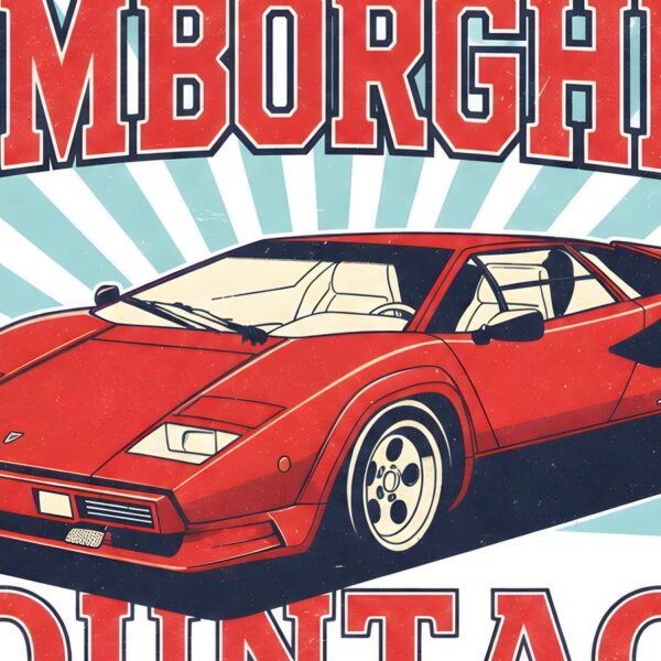 Детайл отблизо: Постер Lamborghini Countach: червено клиновидно купе с кремав салон пред лъчи Детайл отблизо: Постер Lamborghini Countach: червено клиновидно купе с кремав салон пред лъчи