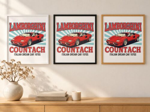 Същият постер с Lamborghini Countach в бяла, черна и дървена рамка на стена в стая