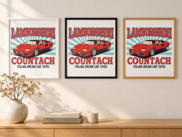 Същият постер с Lamborghini Countach в бяла, черна и дървена рамка на стена в стая Същият постер с Lamborghini Countach в бяла, черна и дървена рамка на стена в стая