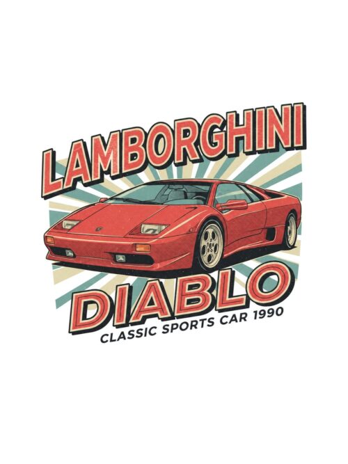 Постер Lamborghini Diablo: червено клиновидно купе пред зеленикави лъчи