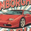 Детайл отблизо: Постер Lamborghini Diablo: червено клиновидно купе пред зеленикави лъчи Детайл отблизо: Постер Lamborghini Diablo: червено клиновидно купе пред зеленикави лъчи