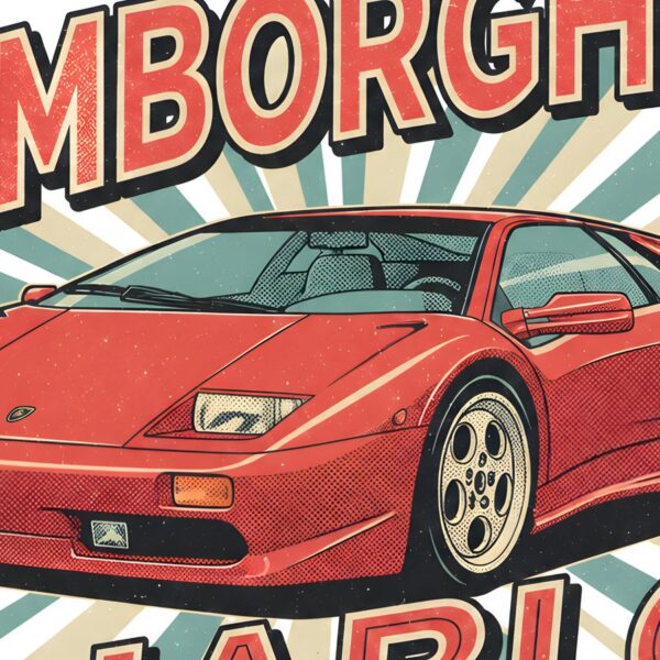 Детайл отблизо: Постер Lamborghini Diablo: червено клиновидно купе пред зеленикави лъчи Детайл отблизо: Постер Lamborghini Diablo: червено клиновидно купе пред зеленикави лъчи