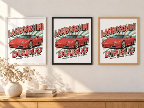 Същият постер с Lamborghini Diablo в бяла, черна и дървена рамка на стена в стая