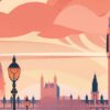 Детайл: мост над река и улична лампа, а зад тях сгради в мъгла
