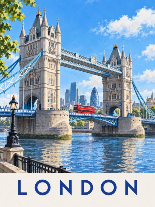 Постер Лондон Тауър бридж с червен автобус, синя река и надпис „LONDON“