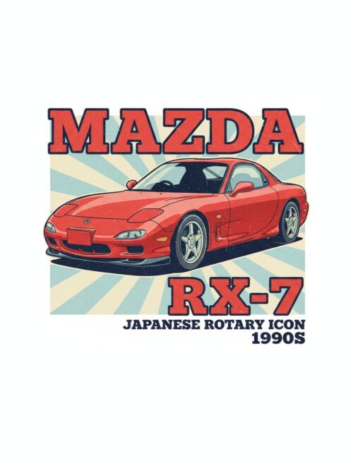 Постер Mazda RX-7: червено спортно купе пред слънчеви лъчи и надпис MAZDA Постер Mazda RX-7: червено спортно купе пред слънчеви лъчи и надпис MAZDA
