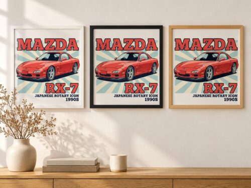 Същият постер с Mazda RX-7 в бяла, черна и дървена рамка на стена в стая