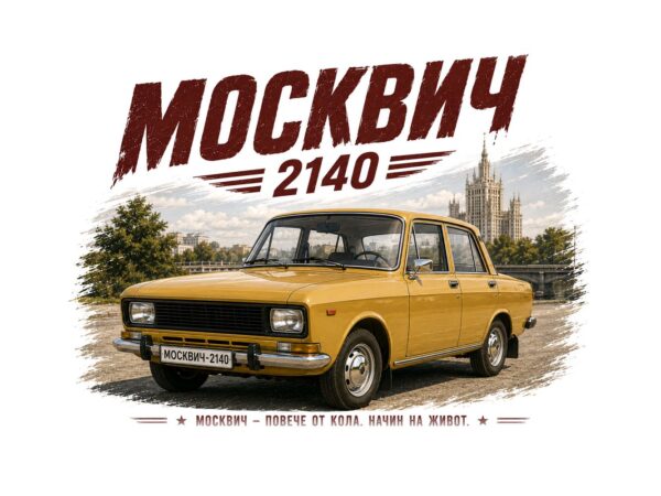 Постер москвич 2140 за офис: златистожълт седан пред висока сграда със шпил и надпис „МОСКВИЧ 2140“ Постер москвич 2140 за офис: златистожълт седан пред висока сграда със шпил и надпис „МОСКВИЧ 2140“