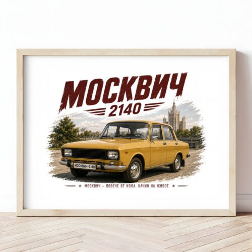Картина със златистожълт седан Москвич 2140 в светла дървена рамка, облегната на бяла стена върху паркет