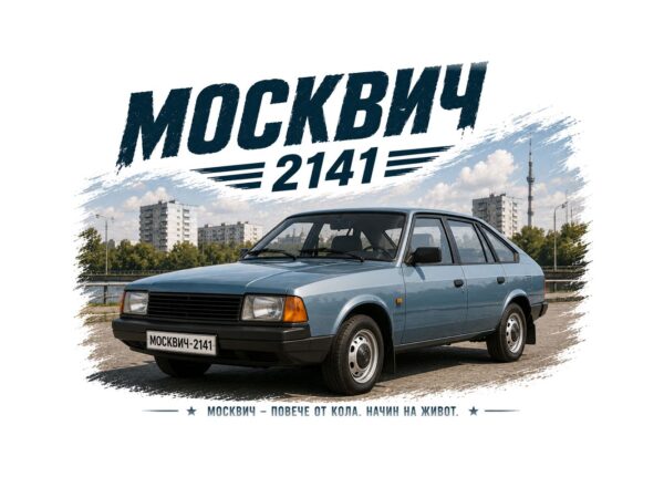 Постер москвич 2141 хечбек: сивосин автомобил пред река, панелни блокове и надпис „МОСКВИЧ 2141“ Постер москвич 2141 хечбек: сивосин автомобил пред река, панелни блокове и надпис „МОСКВИЧ 2141“