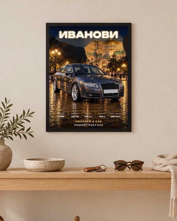 Постер на кола в черна рамка в антрето