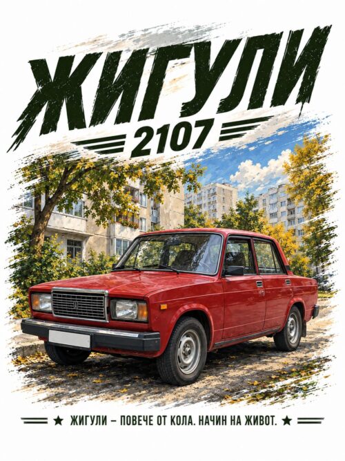 Постер на кола Жигули 2107: червена кола в есенен двор между блокове и надпис „ЖИГУЛИ 2107“