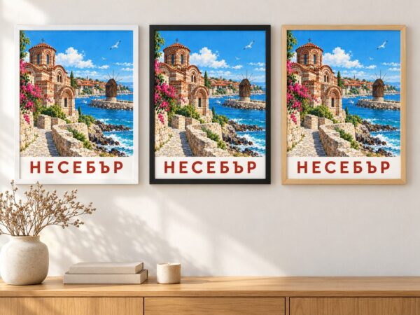 Същият постер с Несебър в бяла, черна и дървена рамка на стена в стая Същият постер с Несебър в бяла, черна и дървена рамка на стена в стая
