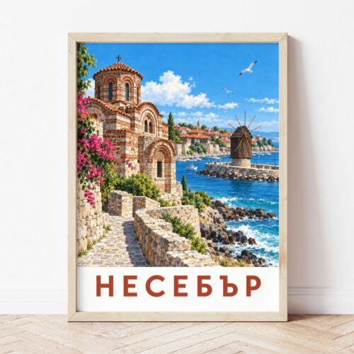 Постер с църква и мелница край морето в светла дървена рамка, облегнат на бяла стена върху паркет