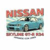 Постер Nissan Skyline GT-R R34: бирюзено купе със заден спойлер и надпис Постер Nissan Skyline GT-R R34: бирюзено купе със заден спойлер и надпис