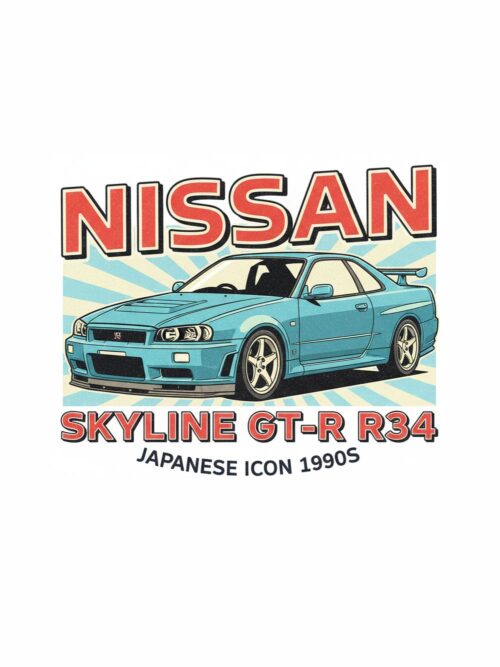 Постер Nissan Skyline GT-R R34: бирюзено купе със заден спойлер и надпис