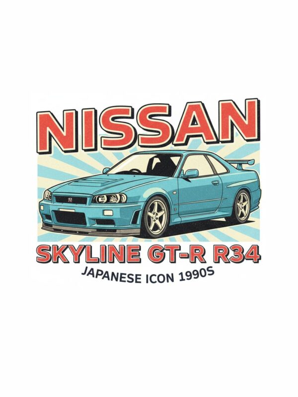 Постер Nissan Skyline GT-R R34: бирюзено купе със заден спойлер и надпис Постер Nissan Skyline GT-R R34: бирюзено купе със заден спойлер и надпис