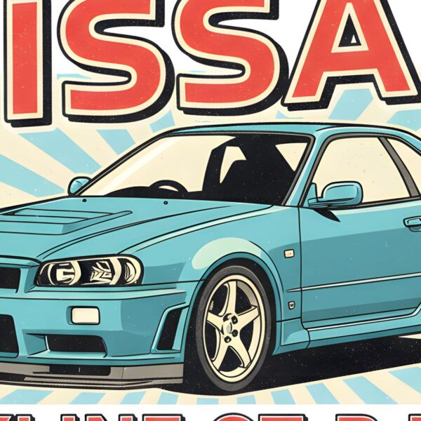 Детайл отблизо: Постер Nissan Skyline GT-R R34: бирюзено купе със заден спойлер и надпис Детайл отблизо: Постер Nissan Skyline GT-R R34: бирюзено купе със заден спойлер и надпис